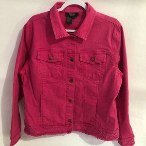 Pink Denim Jacket Twiggy London Crochet Trim 4 Pockets Size 1X